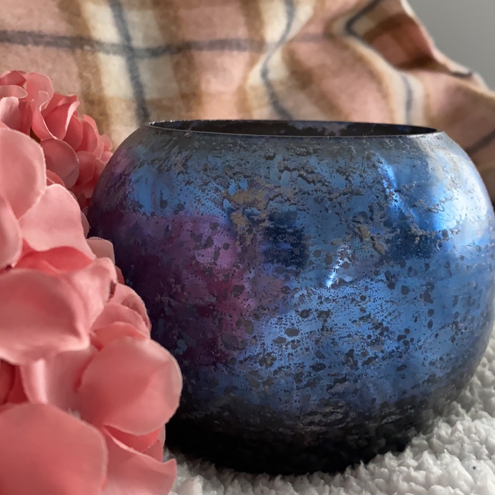 Blue/Black ombré glass crackle candle bowl
